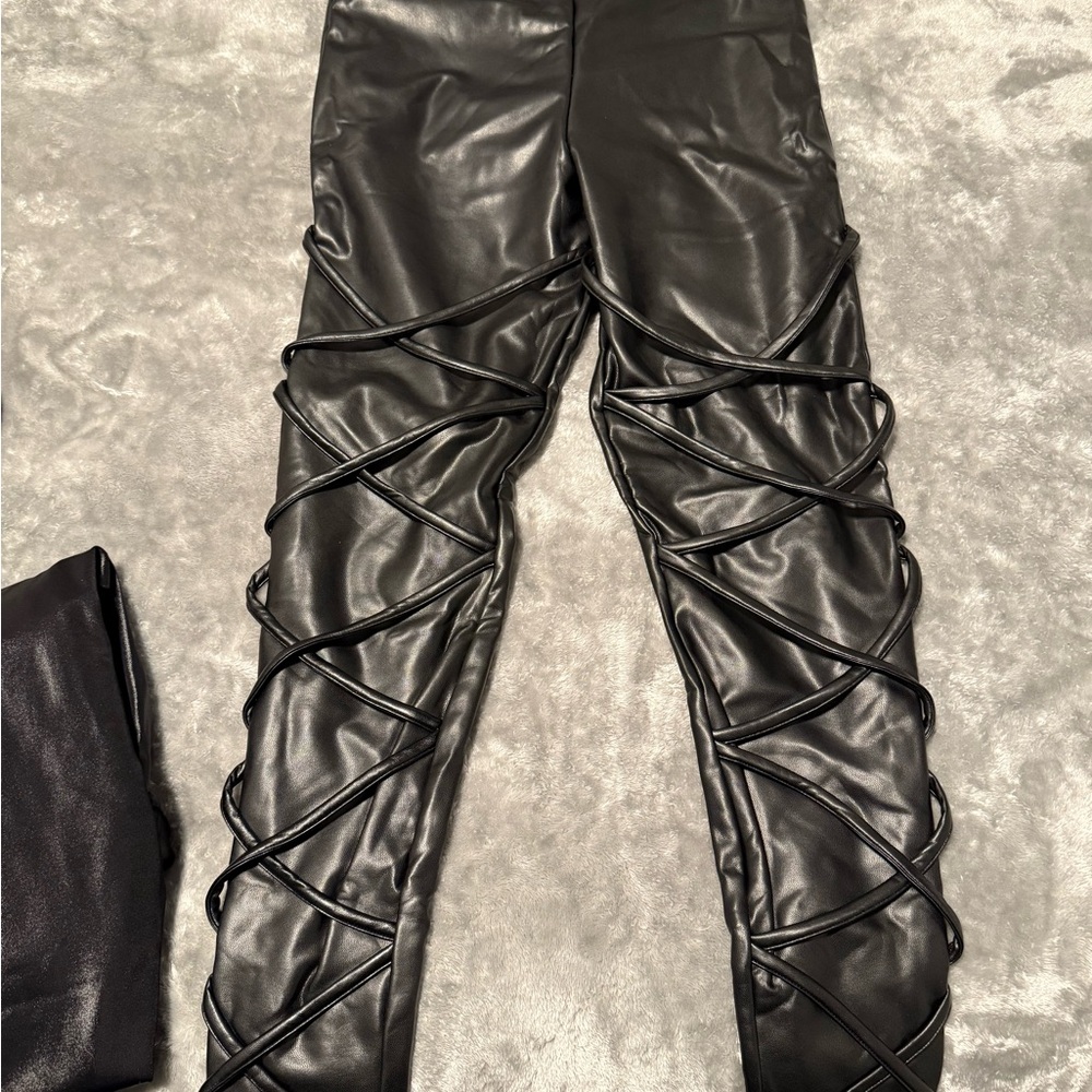 Black Faux Leather Lace-Up Leggings